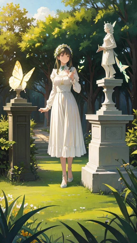 Victorian Villa, forest, villa’s garden, statues, girl with white dress, butterflies, a butler far away