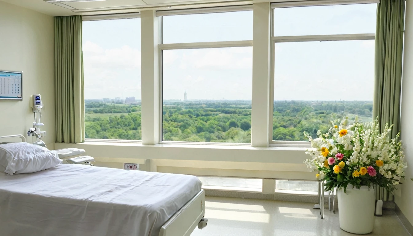 Hospital room　White bed　Large windows　Flowers on the window