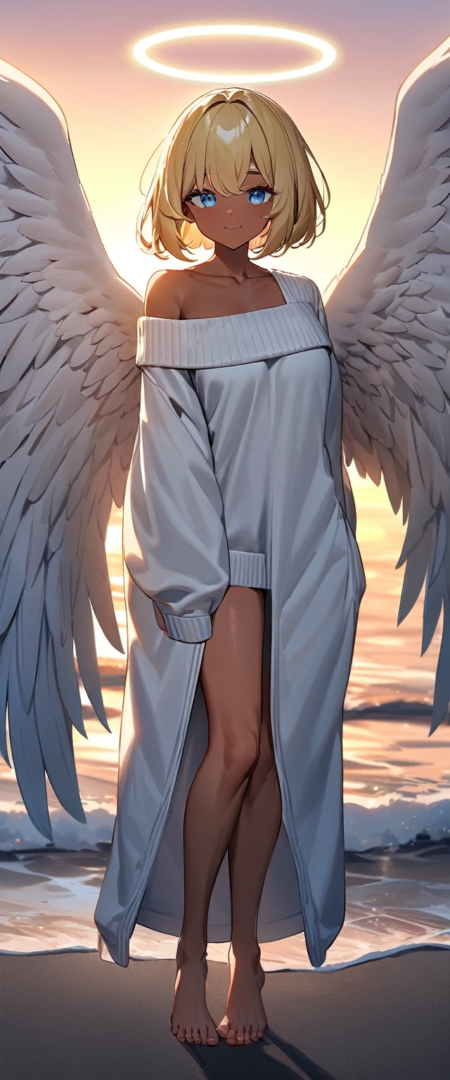 ((angel, big big white wings:1.2, halo:1.3)), full wing, full body, ((tanned skin:1.1)), flying in the sky, ((wavy hair)), evening, Sunset, sea, beach, ((blond hair, bob cut:1.3)), big breasts, teenager, (looking at viewer), oversized clothes, puffy long sleeves, collarbone, ((off-shoulder sweater:1.3, Quite thick shoulder straps)), (((sleeves past wrists:1.3))), ((white sweater)), collarbone, head tilt:1.3, (((blue eye))), ((happy smile)), (((anime style))), (best quality, 4K, 8K, highres, masterpiece:1.2, ultra-detailed, ultra-detailed eyes, HDR, uhd, studio lighting, ultra-fine painting, sharp focus, physically-based rendering, extreme detail description, professional, vivid colors, bokeh), ((Highest quality, Best image quality, Ultra-high resolution, Ultra-high resolution, solo, Strong eye highlights)), Depth of written boundary, Natural soft light, attractive, Beautiful Face, Cleanliness, Pure Face, medium chest, Beautiful Face, Perfect Fingers, Perfect hands, Perfect body, Perfect Face, Shine a light into your eyes, Perfect Anatomy