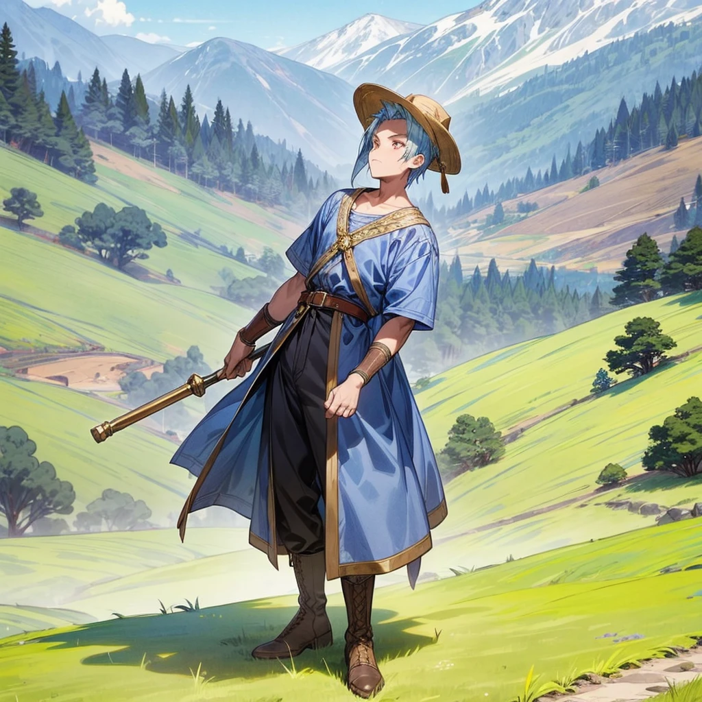 1boy, Full body version, 1character, gold eyes, tan skin, mohawk hairstyle, round eyes type, gold colour hair, blue cowboy hat, Renaissance clothing, gray color clothing, Ancient Roman boots, (hammer in hand), Grassroots background in mountain fields