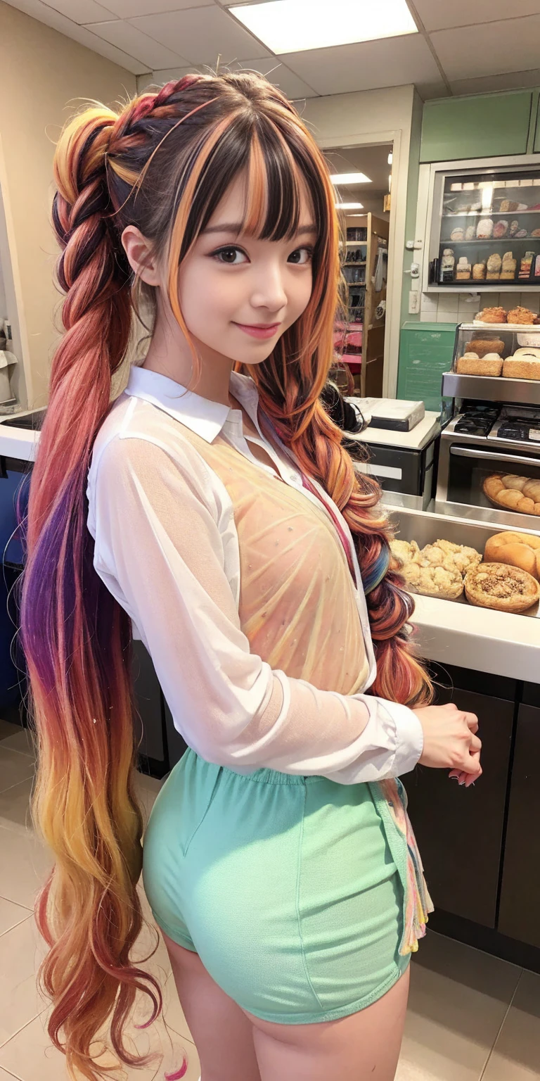 
 girl、
Day本アイドル、

Cute Smile、
Lewd smile、　
Panting face、Pant voice、
Fluid organization:1.6), One beautiful girl with really wild hair, (Colorful wavy hair:1.2),( Two long braids:1.2), (Long wild hair:1.2), (Multicolored Hair: 1.9),Cute smile
Bakery Sales Staff、

Angle from directly below、
Low - Angle、スーパーLow - Angle、
apron、
blouse(See-through)、
はだけるblouse、
My shirt is open、
Open shirt、
hot pants、
ピンク色のhot pants、I can see a little underwear、Thighs、Butt、Beautiful buttocks、
I'm cleaning、
I'm wiping the floor.、Wipe the floor with a rag、
Bend over to clean、




clear、serious
Bakery Cafe、bread
Bakery clerk、Day本アイドル、

(masterpiece), (Highest quality:1.4), Absurd, [:Intricate details:0.2],  (View your viewers:1.2), Day,  reflection、
Reddish hair，Golden Student，enjoy，Moist，肉感Thighs，Slim figure，Moist, Glowing pink skin，transparent，Mature Woman，Affectionate expressions，情熱的に取り組んでいます

Day本アイドル