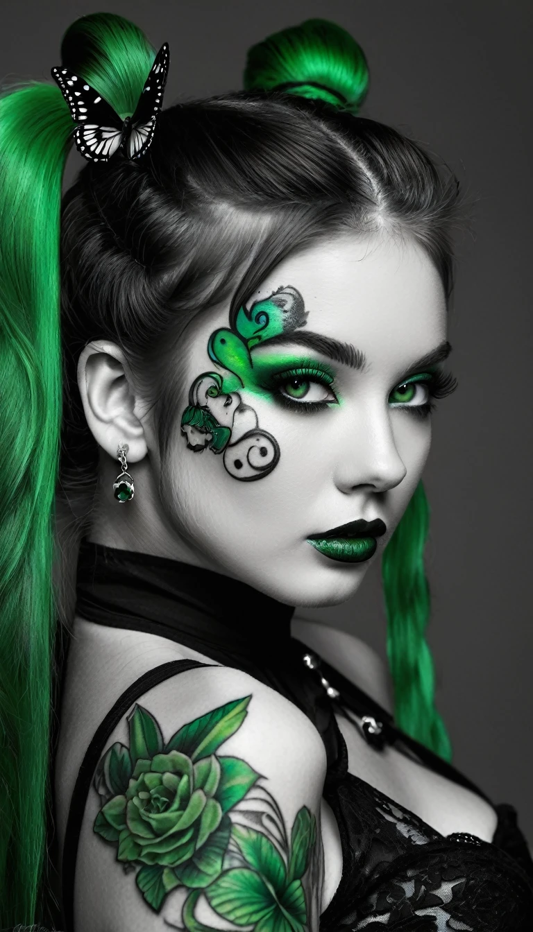 ((Monochrome, monochromeXL:1.4), Photo noire et vert), Sublime femme 30ans avec deux très longues queues de cheval de chaque côté, double queues de cheval, double twin ponytails, twin tails,(sur le bras un sublime tatouage représente un animal fantastique ayant deux queues), Lèvres détaillées, Yeux détaillés, regard intense, cils détaillés, visage détaillé, long cheveux vert foncé, visage de séduction, ((maquillage vert)), ((((sur le bras un tatouage fin représentant un animal fantastique avec deux queues : 1.5 )))), photo du milieu du corps, ((porte un costume)),(( photo noir et blanc et vert, only black and white and green photo)), (((photo noir et blanc et vert, only black and white and dark green photo, le maquillage et les cheveux, b/w, B&W,long twin ponytails)))