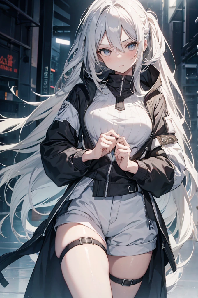 1girl, {Solitary}, Upper Body ,{{ {Watching at viewer}}}, Arms at your sides, Concept Art, white Background, simple Background, White hair, Silver gradient hair , Composite cloth, Asymmetrical clothes, Virtual YouTuber, best quality, masterpiece, Dynamic Angle, guilty gear, guilty gear, guilty gear, cowboy_shooting, Watching_Back, grab, girl,Miss,woman, young,20 years old, Very long hair, Hair Flip, Silver Hair, Flowing hair, Ahog, giggle, Beautiful and delicate golden eyes, teeth, Moderate_breast, Blonde eyes, White skin, hoodie, Black_shorts, Gray clothes, transparent_Background, Backlighting, absurd, high resolution, Extremely detailed,sweater,No pants