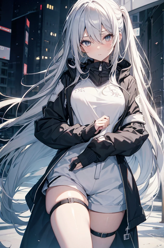 1girl, {Solitary}, Upper Body ,{{ {Watching at viewer}}}, Arms at your sides, Concept Art, white Background, simple Background, White hair, Silver gradient hair , Composite cloth, Asymmetrical clothes, Virtual YouTuber, best quality, masterpiece, Dynamic Angle, guilty gear, guilty gear, guilty gear, cowboy_shooting, Watching_Back, grab, girl,Miss,woman, young,20 years old, Very long hair, Hair Flip, Silver Hair, Flowing hair, Ahog, giggle, Beautiful and delicate golden eyes, teeth, Moderate_breast, Blonde eyes, White skin, hoodie, Black_shorts, Gray clothes, transparent_Background, Backlighting, absurd, high resolution, Extremely detailed,sweater,No pants