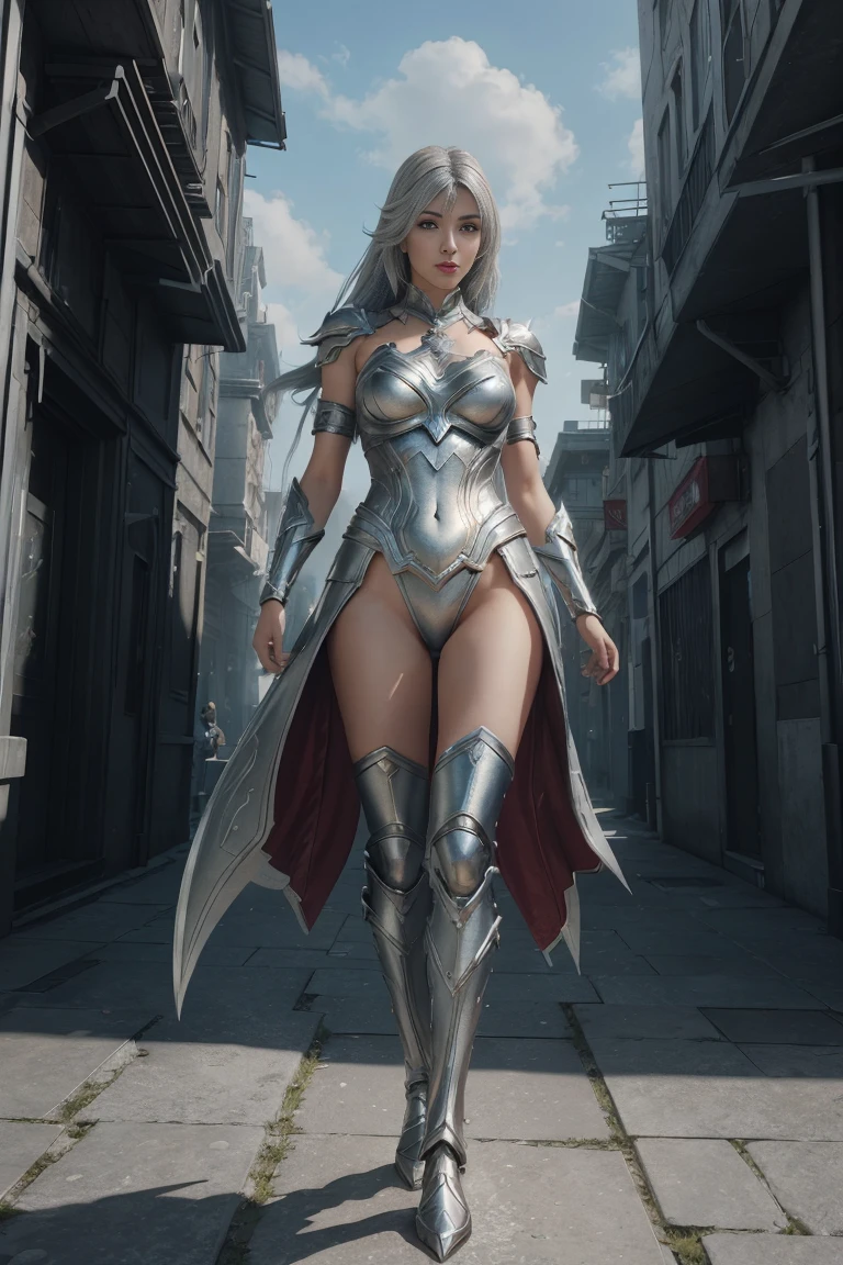 concept art (Digital Artwork:1.3) of (Simple illustration:1.3) a woman in a silver and white costume standing in a city, from lineage 2, wearing witchblade armor, lineage 2 revolution style, unreal engine render saint seiya, of a beautiful female warframe, from ncsoft, silver armor and red clothing, hyperdetailed fantasy character, style game square enix, unreal engine render a goddess, 8 k character details CGSociety,ArtStation,(Low Contrast:1.3) . digital artwork, illustrative, painterly, matte painting, highly detailed