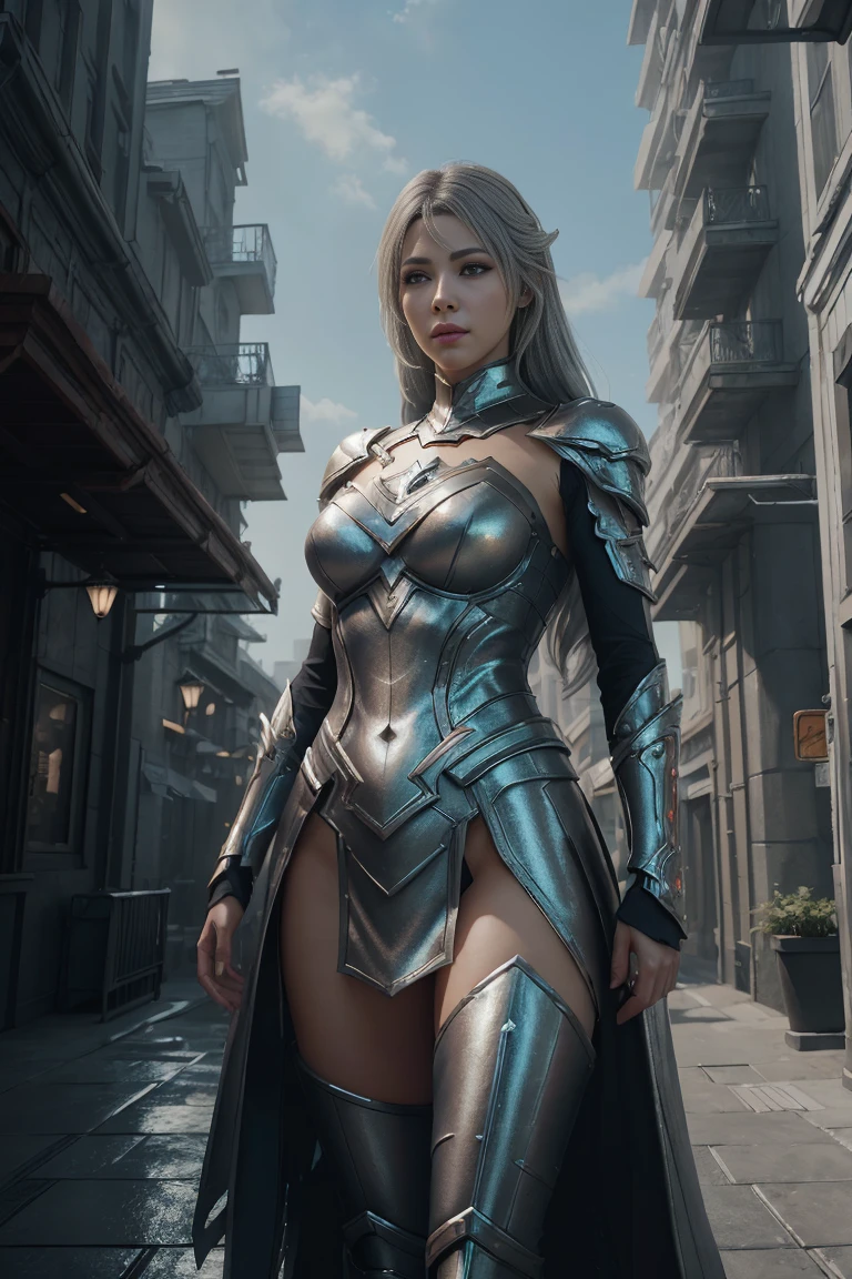 concept art (Digital Artwork:1.3) of (Simple illustration:1.3) a woman in a silver and white costume standing in a city, from lineage 2, wearing witchblade armor, lineage 2 revolution style, unreal engine render saint seiya, of a beautiful female warframe, from ncsoft, silver armor and red clothing, hyperdetailed fantasy character, style game square enix, unreal engine render a goddess, 8 k character details CGSociety,ArtStation,(Low Contrast:1.3) . digital artwork, illustrative, painterly, matte painting, highly detailed