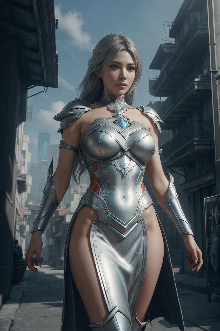 concept art (Digital Artwork:1.3) of (Simple illustration:1.3) a woman in a silver and white costume standing in a city, from lineage 2, wearing witchblade armor, lineage 2 revolution style, unreal engine render saint seiya, of a beautiful female warframe, from ncsoft, silver armor and red clothing, hyperdetailed fantasy character, style game square enix, unreal engine render a goddess, 8 k character details CGSociety,ArtStation,(Low Contrast:1.3) . digital artwork, illustrative, painterly, matte painting, highly detailed