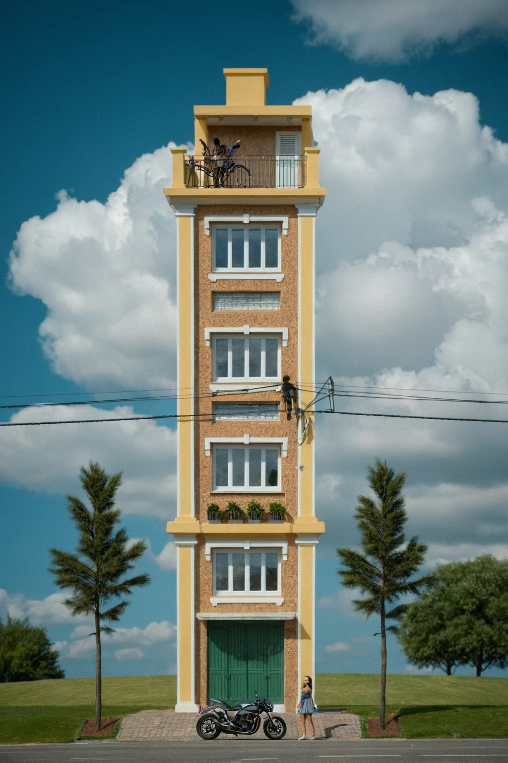 Raw photo,Masterpiece, high quality, best quality, authentic, super detail,
exterior, outdoors, house style neoclassic on the street ,aiaigroup, car, motobike, girl, human,
road,pavement, grass, trees, sky, cloud, (day:1.1)