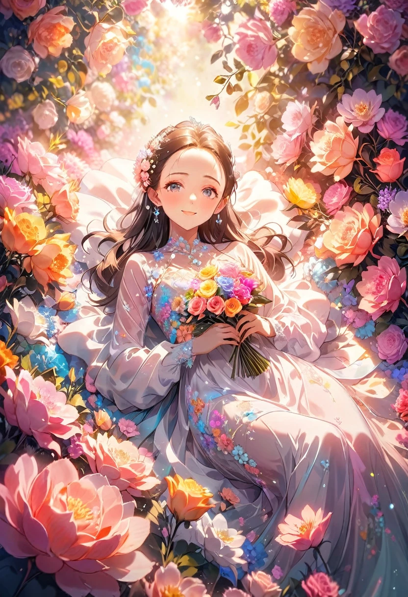 8K,high-res,((ultra detailed face)),Describe a scene in which a beautiful woman character is lying on  lot of flowers, she is 20 years old,wearing a beautiful dress,. Surround her with colorful flowers.(((big smiling))).((forehead)),pastel theme,kindness,soft focus,soft lighting