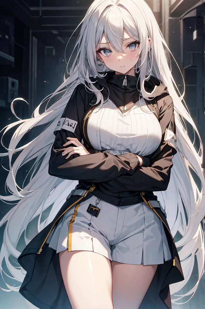 1girl, {Solitary}, Upper Body ,{{ {Watching at viewer}}}, Arms at your sides, Concept Art, white Background, simple Background, White hair, Silver gradient hair , Composite cloth, Asymmetrical clothes, Virtual YouTuber, best quality, masterpiece, Dynamic Angle, guilty gear, guilty gear, guilty gear, cowboy_shooting, Watching_Back, grab, girl,Miss,woman, young,20 years old, Very long hair, Hair Flip, Silver Hair, Flowing hair, Ahog, giggle, Beautiful and delicate golden eyes, teeth, Moderate_breast, Blonde eyes, White skin, hoodie, Black_shorts, Gray clothes, transparent_Background, Backlighting, absurd, high resolution, Extremely detailed,sweater