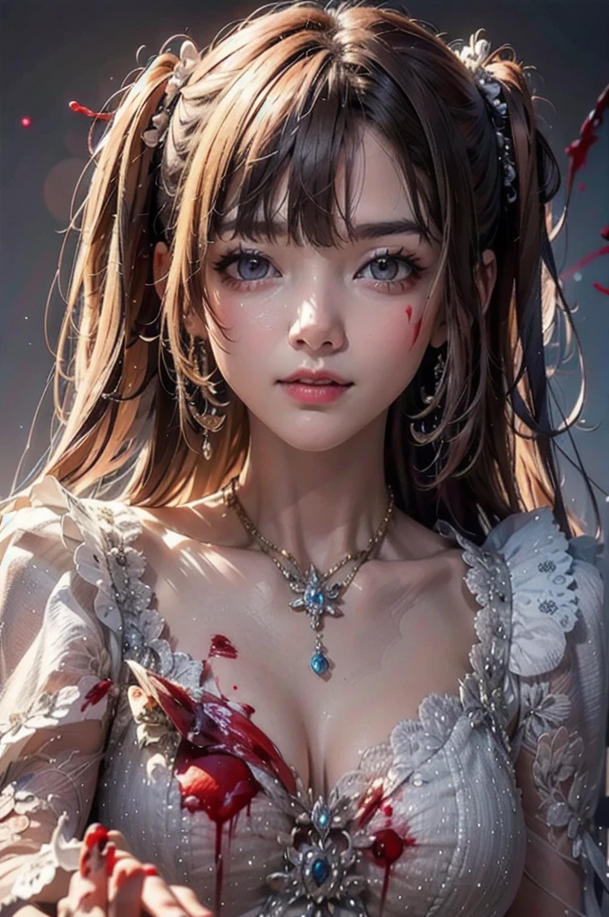 Delicate features, 最高の笑face, Frowning, Vermilion-tinted cheeks, Blonde Hair, Princess Cut, Ribbon hair ornament, brooch, Shiny candy blue dress, Gold embroidery,Lolita Style, Gothic style, Facing the audience, Otaku Room, Well-built body, Nice body, Ample breasts, Fleshy body,With eyes wide open、Scary atmosphere、Distorted facial expressions、ねじれた笑face、Bloody、Bleeding from the head、Blood splatter、whole body、Long Hair、Long bangs、（（（Dark circles under the eyes）））、Pale skin、Feeling unwell、Pathological、邪悪な笑face、Crazy Eyes、（Grin）Dramatic makeup，Create mixed media art、Full body depiction on screen,whole body図,Well-built,Nice body,Shoulders wider,focus on,(face),Messy Hair,Yellow Eyes,(Glowing Eyes),(Blood splatter:1.9),Red light,笑face,big 笑face,tooth,psycho 笑face,gesugao,Dark city background,darkness,night,(close),Good Eyes, good teeth,サディスティックな笑face,,all,Shiny skin,詳細なface,Beautiful body,Adult,whole body油まみれで光沢感がある　whole bodyから湯気が出ている　Steam like a sauna room fills the entire screen.　White breath from the mouth