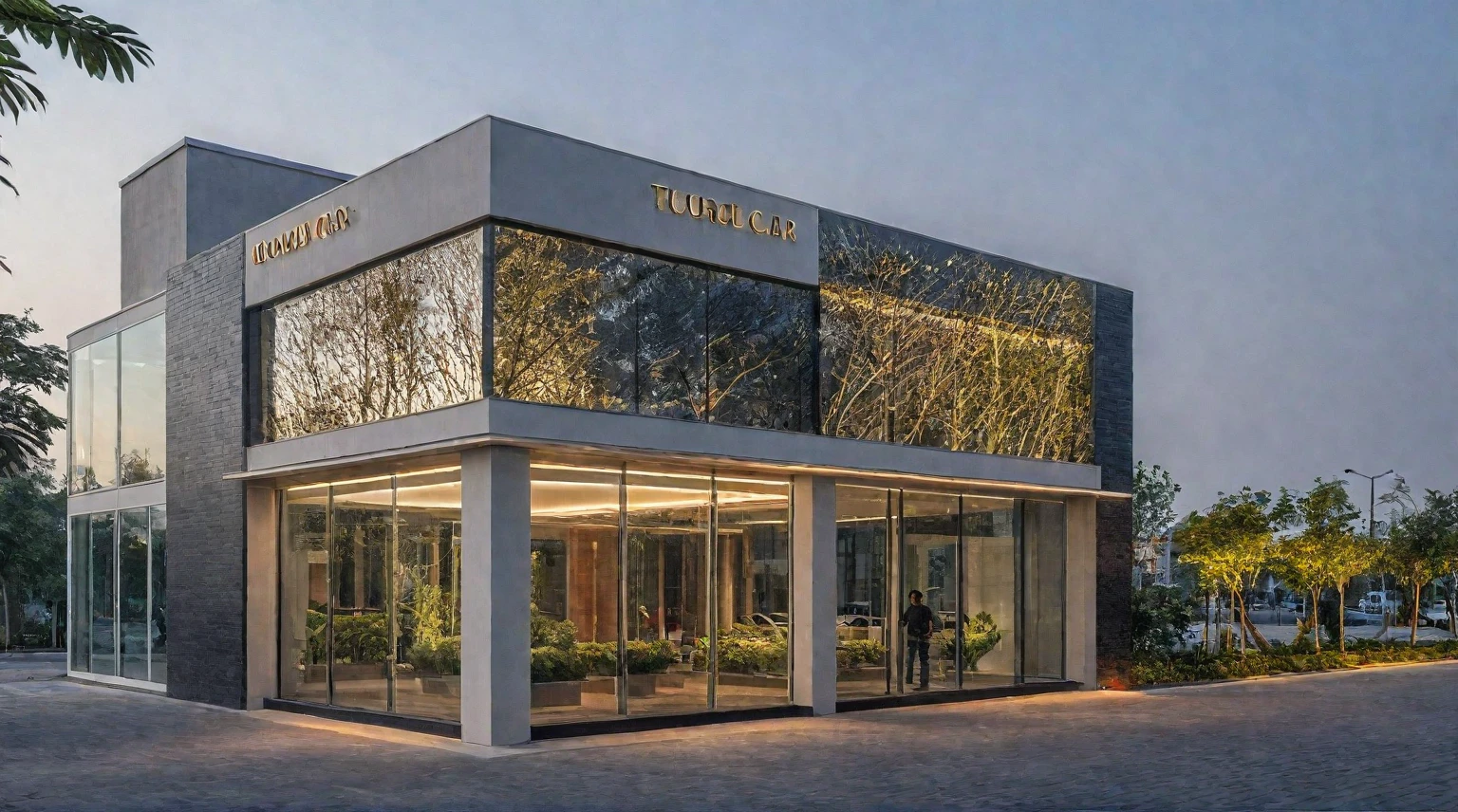 (exterior scene, auto showroom, night light, black and red tone), Create an outdoor scene featuring a luxurious car showroom. The building should have large glass windows and a facade covered with elegant CNC perforated panels, reminiscent of a high-end Gucci store. The panels and glass should reflect the magical glow of spotlights. It's evening, and warm yellow light emanates from inside the showroom, which is filled with stylish cars on display. The sky is clear blue, with the glass panels reflecting its colors. The street view includes wide sidewalks with clusters of green trees and bustling pedestrians. Ensure the composition highlights the primary and secondary focal points perfectly
