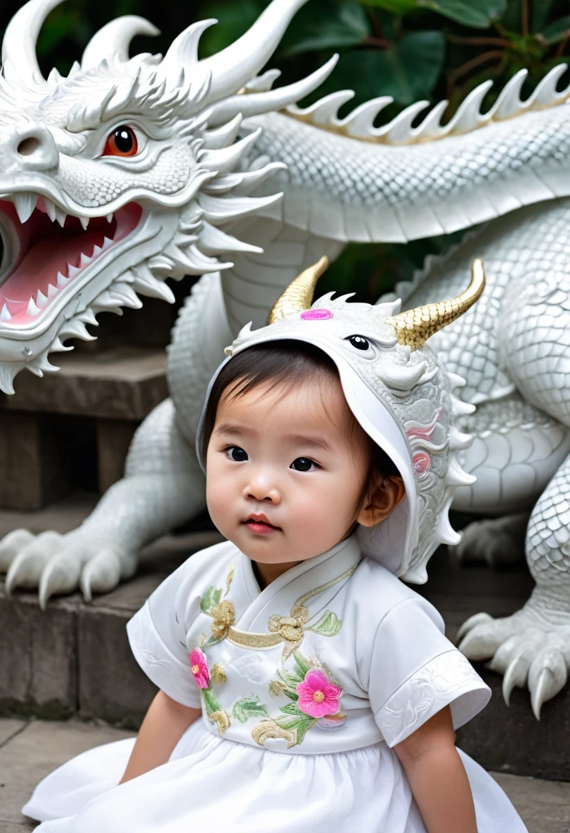 2-year-old Chinese girl,Lovely, Round your face,Slept in a white dragon's bed, Shutterstock Contest Winner, Fantasy art, A dragon made of clouds, Chinese Fantasy, Lying in the fairyland of white clouds,Camera shot, Movie Style, Intricate and sophisticated details, high quality,Japanese girl
