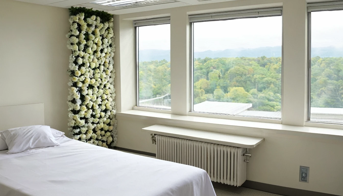 Hospital room　White bed　Large windows　Small flowers on the window