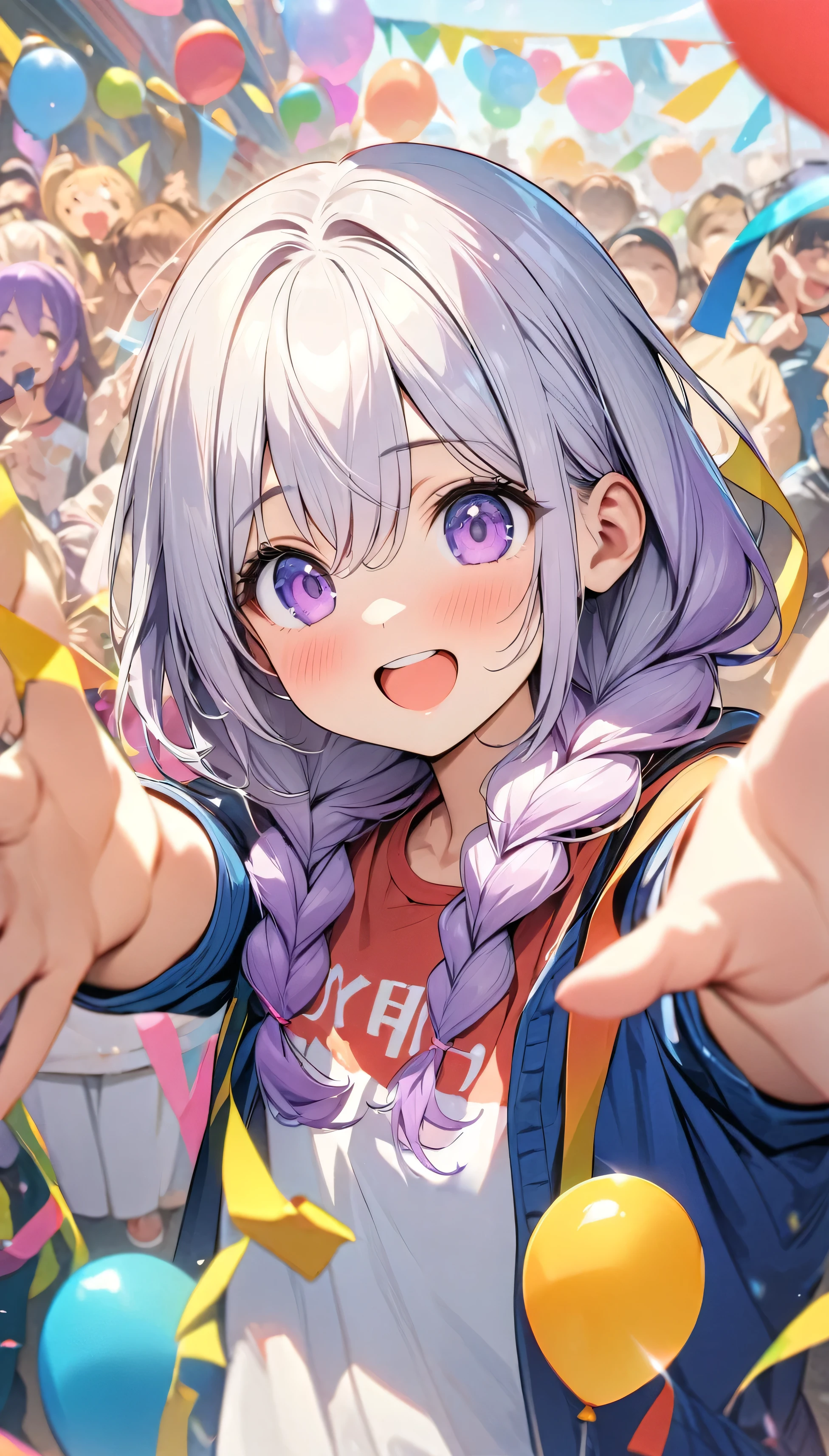 (Best quality, 8K, 32k, masterpiece, Ultra HD:1.3), (Children's Day illustration), Two children in casual sportswear cheering with hands raised in a square,  yinji, Purple Hair, Purple Eyes, Long hair, White hair, Double braid, Gradient hair, Bright and warm, There are streamers and balloons everywhere., Crowd cheering. Characters make up only a small part of the picture.
