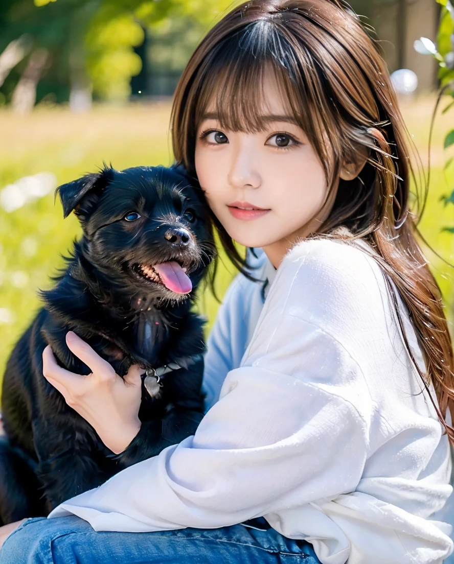 A woman playing with many small black puppies、White shirt and jeans、Super delicate dog expression、Being with a dog、A girl and a dog warming themselves by a bonfire、Lens flare、Hair blowing in the wind、Medium Hair、、Expressing the whiteness of one&#39;s breath、Photo from the waist up、Night city illumination shot、Cowgirl Shot、Fur coat、豪華なグレーのミンクのFur coat、Wear fine leather boots、Luxury Bags、Inner turtleneck、Silver necklace and small silver earrings Millionaire style:1.4））、Full body photo、smile、 Caustics、Highly detailed photos、Very beautiful woman 、Ample breasts、No makeup、(8K、RAW Photos、Highest quality、masterpiece:1.2)、(Realistic、Realistic)、1 Girl、((Medium Short Hair、Midwinter、Cold region Snow falling、The wind is blowing、Fluttering Hair、Blur the background、Colorful illuminations、Looking into the camera:1.4))、
