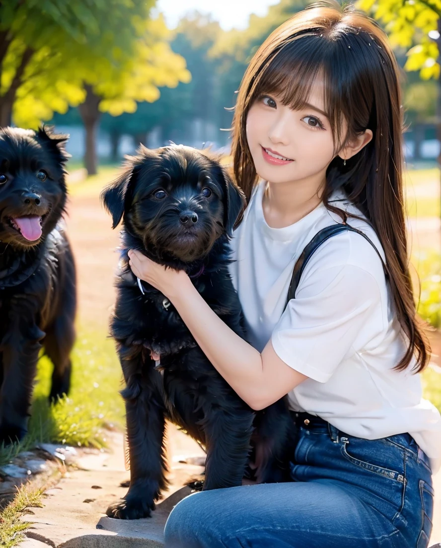 A woman playing with many small black puppies、White shirt and jeans、Super delicate dog expression、Being with a dog、A girl and a dog warming themselves by a bonfire、Lens flare、Hair blowing in the wind、Medium Hair、、Expressing the whiteness of one's breath、Photo from the waist up、Night city illumination shot、Cowgirl Shot、Fur coat、豪華なグレーのミンクのFur coat、Wear fine leather boots、Luxury Bags、Inner turtleneck、Silver necklace and small silver earrings Millionaire style:1.4))、Full body photo、smile、 Caustics、Highly detailed photos、Very beautiful woman 、Ample breasts、No makeup、(8K、RAW Photos、Highest quality、masterpiece:1.2)、(Realistic、Realistic)、1 Girl、((Medium Short Hair、Midwinter、Cold region Snow falling、The wind is blowing、Fluttering Hair、Blur the background、Colorful illuminations、Looking into the camera:1.4))、