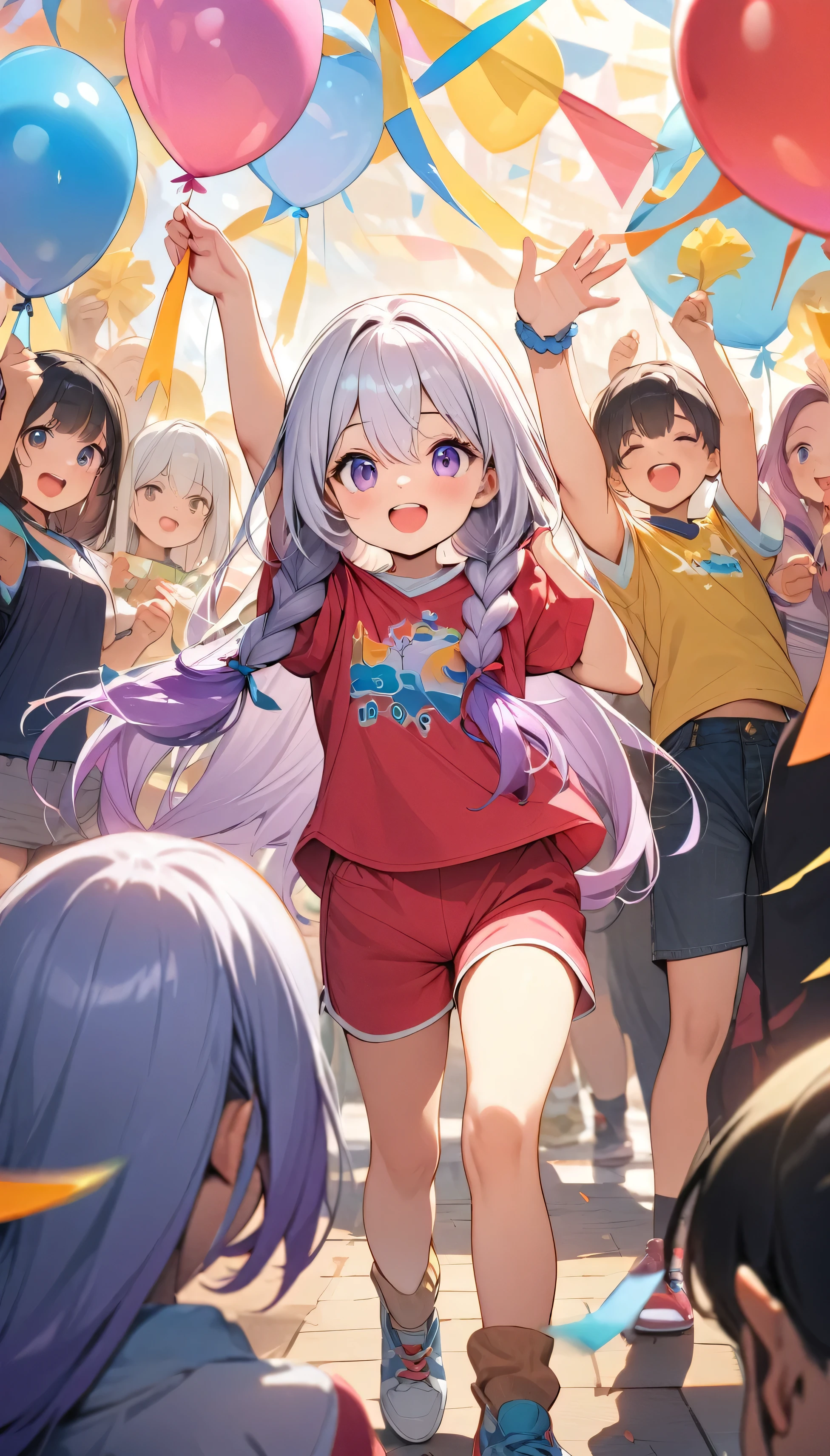 (Best quality, 8K, 32k, masterpiece, Ultra HD:1.3), (Children's Day illustration), Two children in casual sportswear cheering with hands raised in a square, yinji, Purple Hair, Purple Eyes, Long hair, White hair, Double braid, Gradient hair, Bright and warm, There are streamers and balloons everywhere., Crowd cheering. Characters make up only a small part of the picture.
