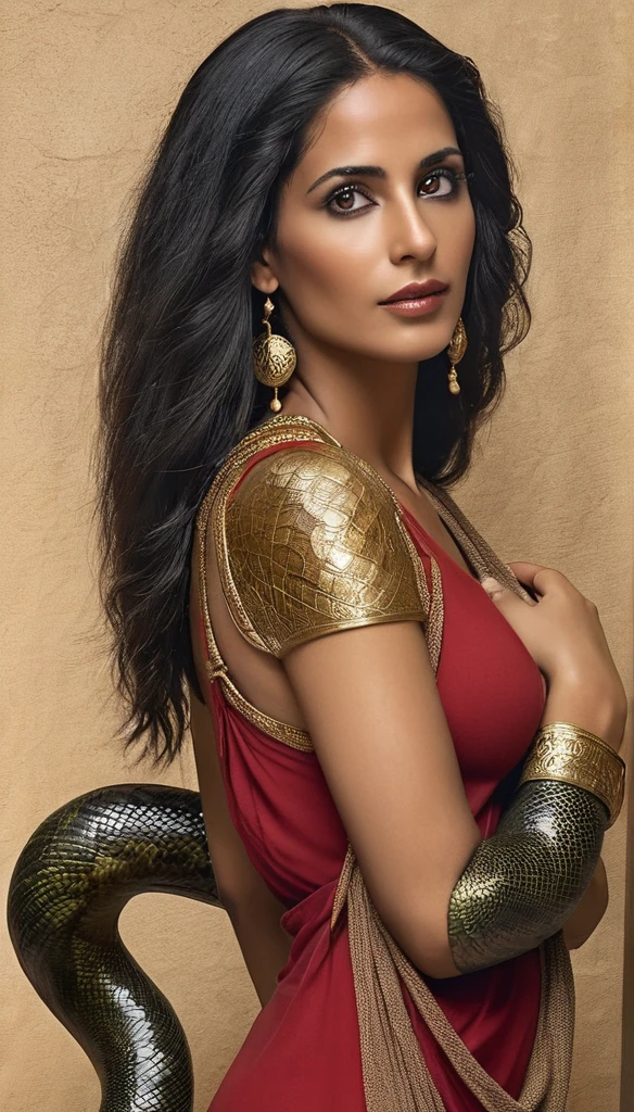 Merfertiti, Femme mature ( 30 ans) enceinte, avec une peau de serpent, un corps très sexy , corps maternelle, a l'Égypte antique, a une grosse poitrine, dans un temple égyptien, porte une robe rouge et maron couleur sable, moule le corps, vêtements transparent, femme avec de long cheveux noirs orné de nombreux bijoux, très enceintes, sa poitrine est gonflé par du lait, a des crochets de serpent visible, elle sourit, avec des yeux doré a pupilles reptilienne, une femme serpent