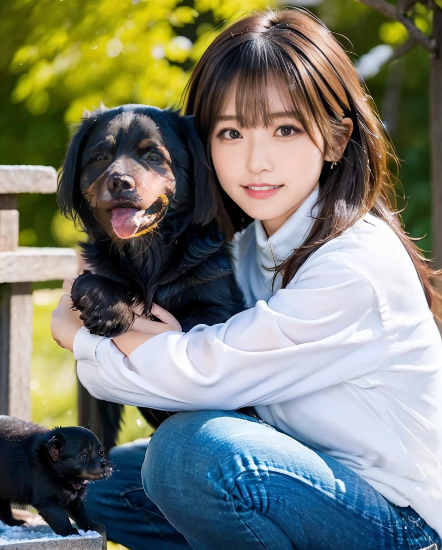 A woman playing with many small black puppies、Stylish white shirt and jeans、Super delicate dog expression、Being with a dog、A girl and a dog warming themselves by a bonfire、Lens flare、Hair blowing in the wind、Medium Hair、、Expressing the whiteness of one's breath、Photo from the waist up、Night city illumination shot、Cowgirl Shot、Fur coat、豪華なグレーのミンクのFur coat、Wear fine leather boots、Luxury Bags、Inner turtleneck、Silver necklace and small silver earrings Millionaire style:1.4))、Full body photo、smile、 Caustics、Highly detailed photos、Very beautiful woman 、Ample breasts、No makeup、(8K、RAW Photos、Highest quality、masterpiece:1.2)、(Realistic、Realistic)、1 Girl、((Medium Short Hair、Midwinter、Cold region Snow falling、The wind is blowing、Fluttering Hair、Blur the background、Colorful illuminations、Looking into the camera:1.4))、