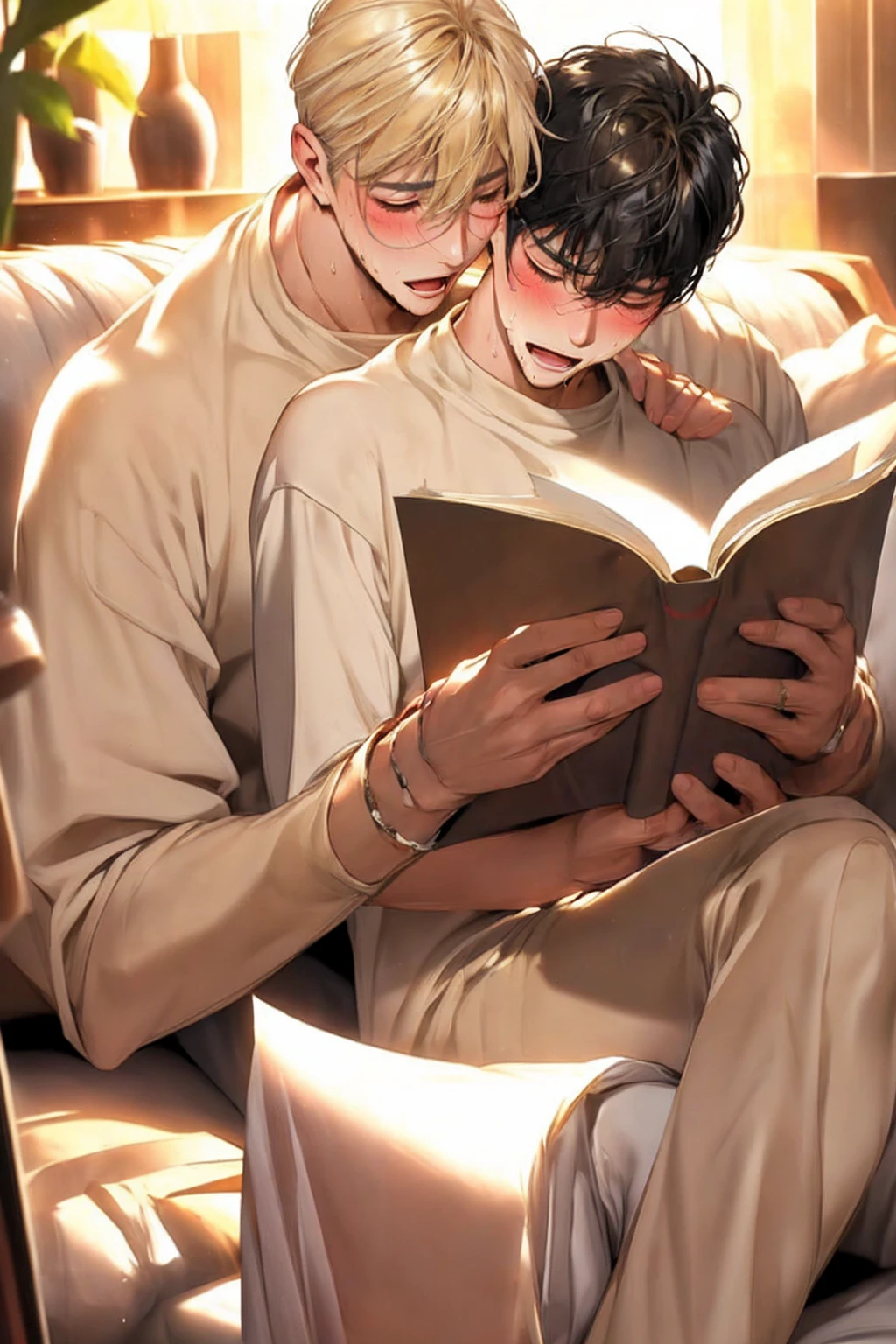 Gay couple(Blonde、Black Hair、Completely naked、erection、blush、orgasm、Sweat)、sofa、reading