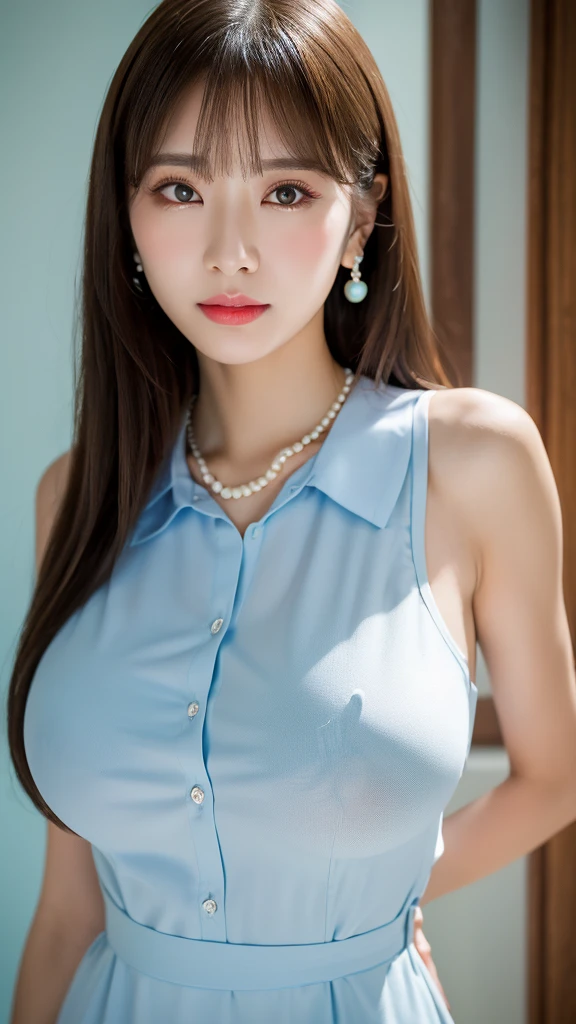 1 girl, national foundation, ((8k, raw, masterpiece: 1.5)), (Professional photography, sharp:1.2), Perfect dynamic composition, (Natural sun light), (soft shadow), (Perfect body:1.4), (((skinny figure))), ((huge round breasts: 1.35)), (((((medium long hair,bangs))))), Ultra-detailed faces and skin, perfect asian, White skin, (Delicate skin:1.4), (latex skin:0.4), (perfect glowing skin:0.6), light brown eyes, beautiful eyes, round eyes, pretty face, blush, glossy lips, ((plump lips)), glossy eyes, Really moist skin, looking at camera, Elegant pearl necklace, Elegant earrings, minimalist, (((light blue shirtdress)))
