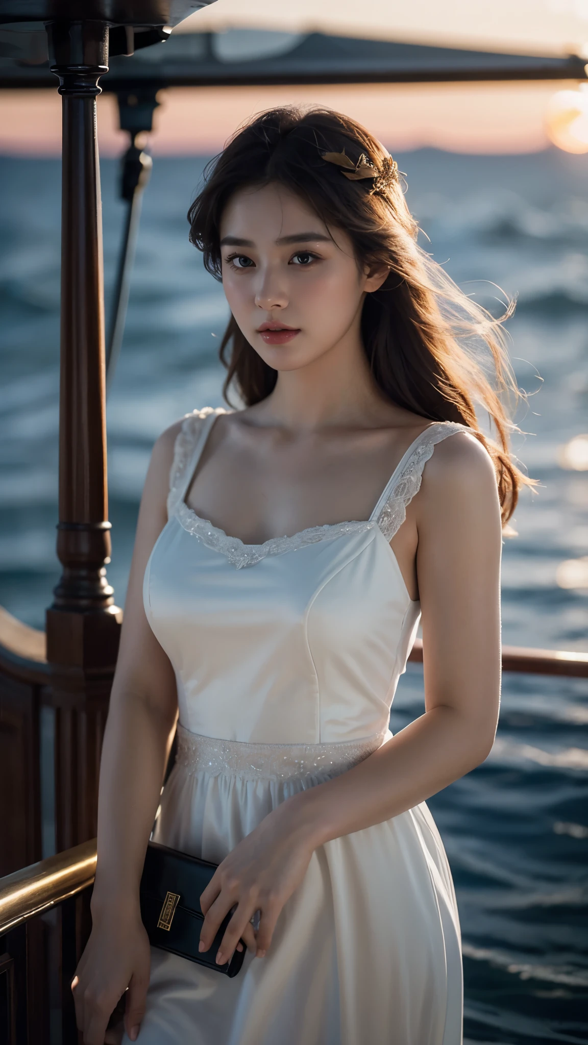 beautiful, detailed, Realistic portrait of a young man, A 20-year-old woman standing on the deck of the RMS Titanic in 1913., wearing a dress that is above the knee, with extremely detailed facial features, Big expressive eyes, High quality rendering, cinematic lighting, complex fabric texture, And nostalgic, Romantic atmosphere, Upper body shot, light skin, 매우 beautiful 분위기, detailed dress, detailed Titanic ship view, realistic titanic ship, realistic atmosphere, everything is realistic