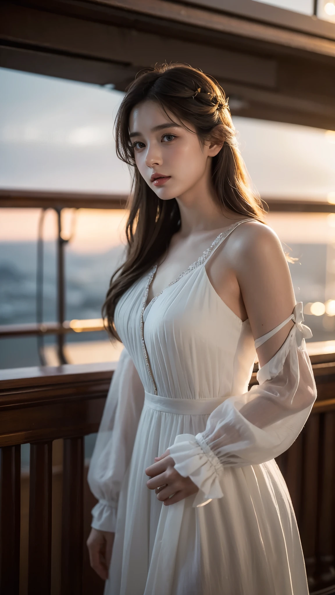 beautiful, detailed, Realistic portrait of a young man, A 20-year-old woman standing on the deck of the RMS Titanic in 1913., wearing a dress that is above the knee, with extremely detailed facial features, Big expressive eyes, High quality rendering, cinematic lighting, complex fabric texture, And nostalgic, Romantic atmosphere, Upper body shot, light skin, 매우 beautiful 분위기, detailed dress, detailed Titanic ship view, realistic titanic ship, realistic atmosphere, everything is realistic