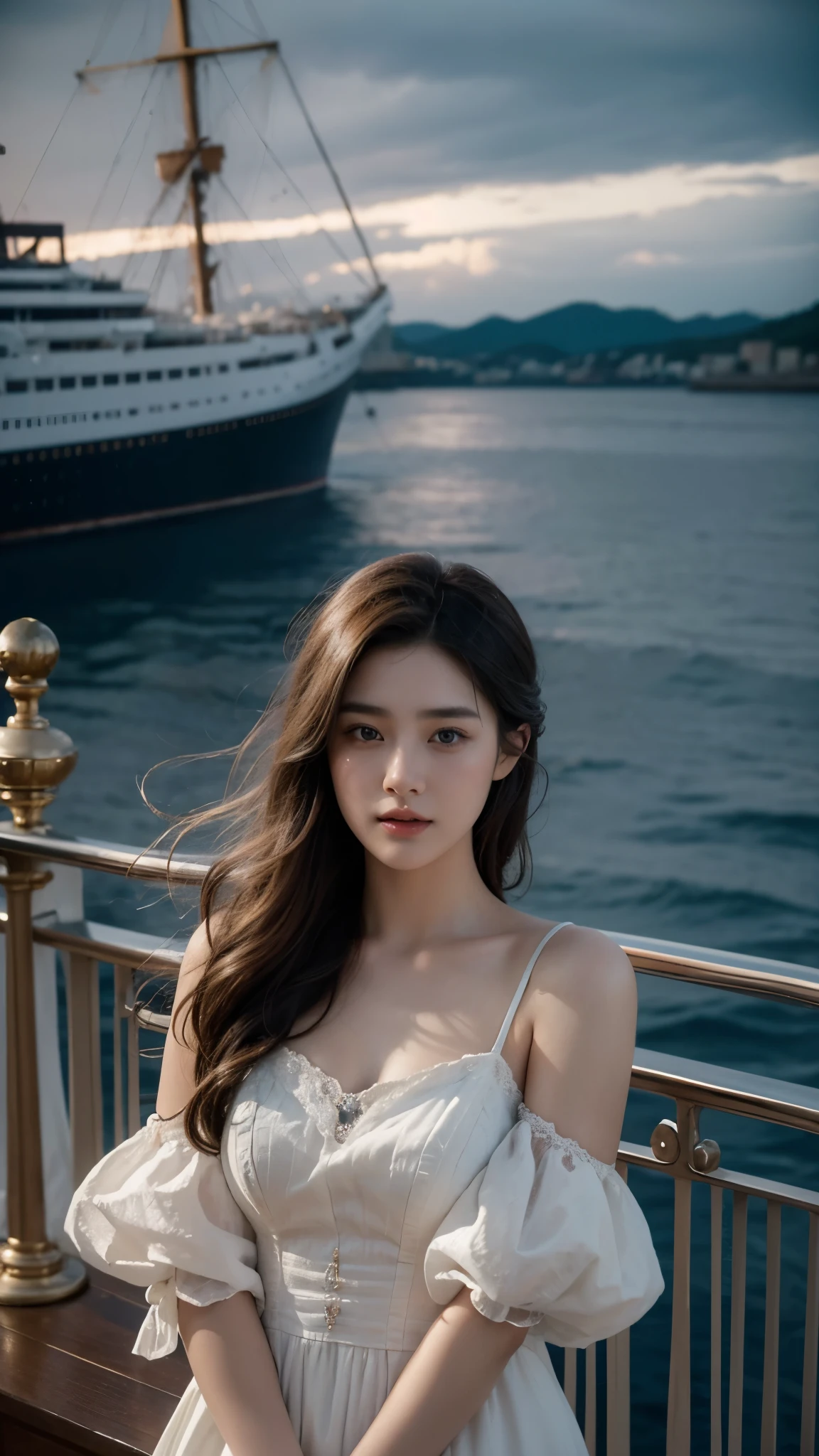 beautiful, detailed, Realistic portrait of a young man, A 20-year-old woman standing on the deck of the RMS Titanic in 1913., wearing a dress that is above the knee, with extremely detailed facial features, Big expressive eyes, High quality rendering, cinematic lighting, complex fabric texture, And nostalgic, Romantic atmosphere, Upper body shot, light skin, 매우 beautiful 분위기, detailed dress, detailed Titanic ship view, realistic titanic ship, realistic atmosphere, everything is realistic