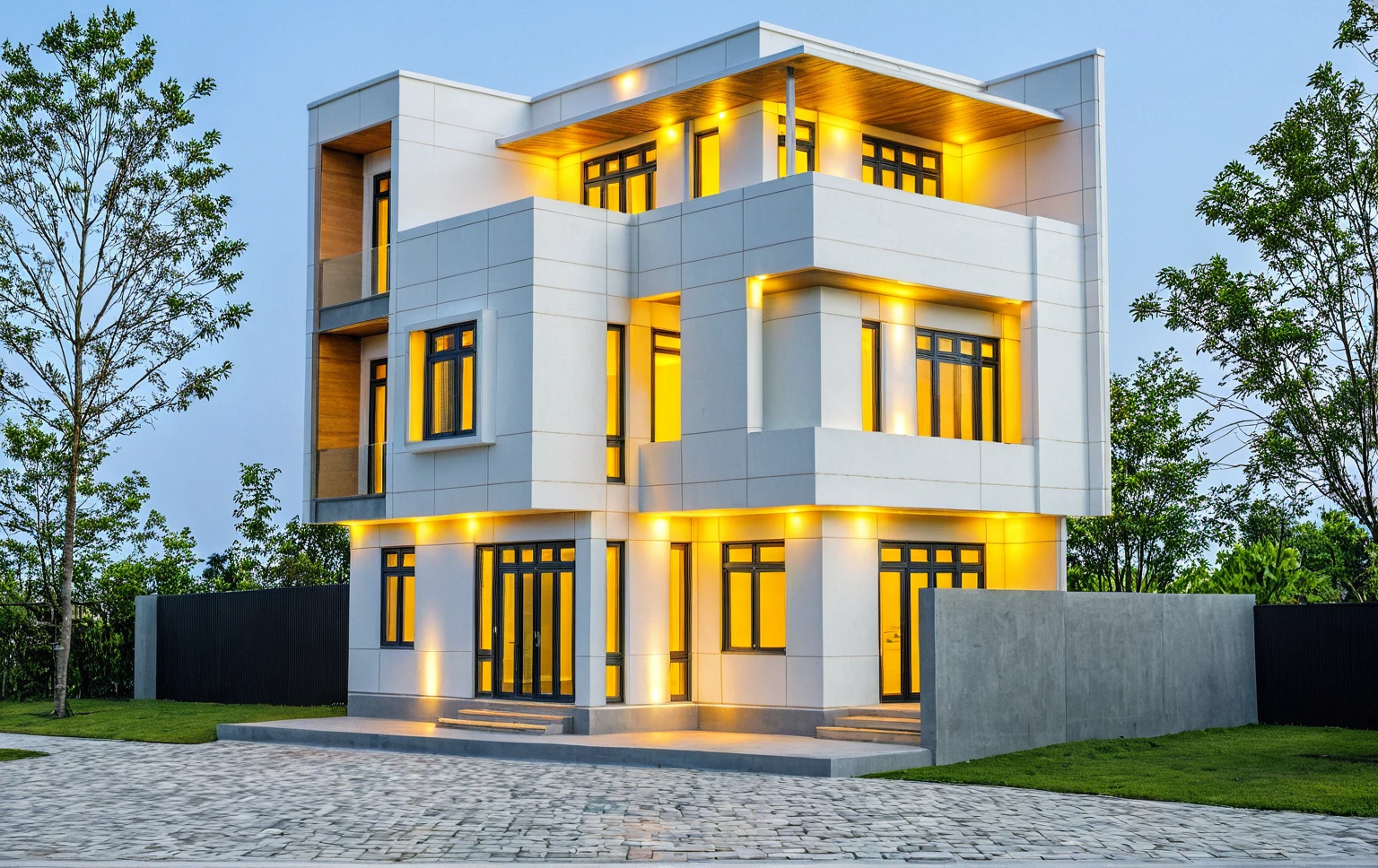 Masterpiece, high quality, best quality, authentic, super detail, outdoors, onestoreyvillaXL, aiaigroup, house style modern on the street ,stairs, white wall ,road,pavement, grass, trees, sky, cloud, (daylight:1.1)