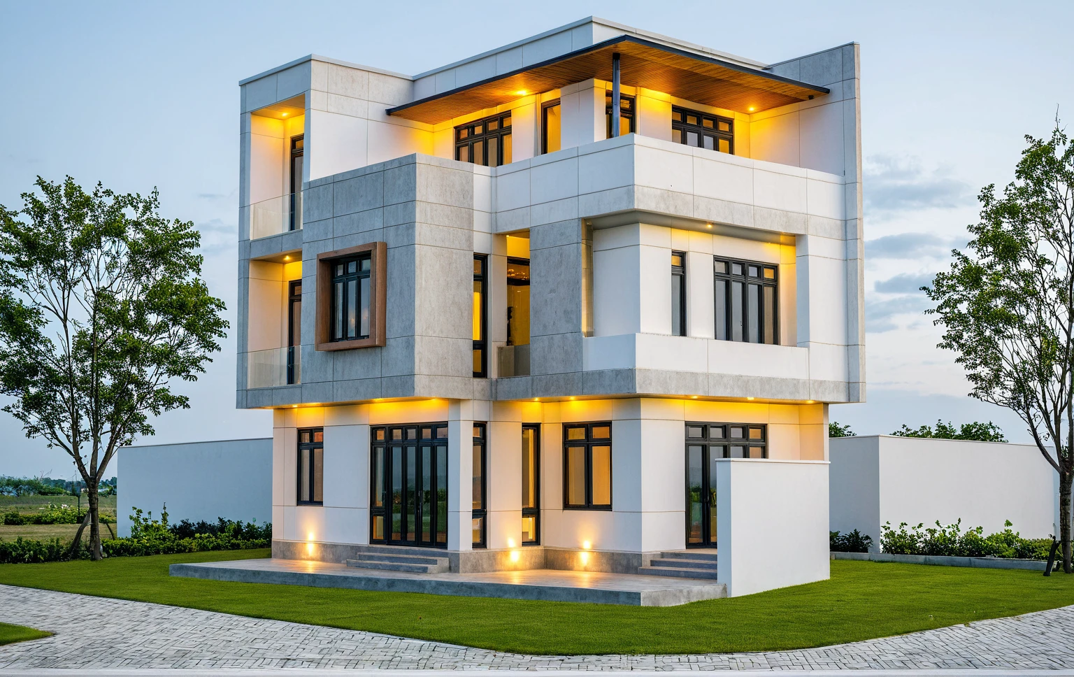 Masterpiece, high quality, best quality, authentic, super detail, outdoors, onestoreyvillaXL, aiaigroup, house style modern on the street ,stairs, white wall ,road,pavement, grass, trees, sky, cloud, (daylight:1.1)