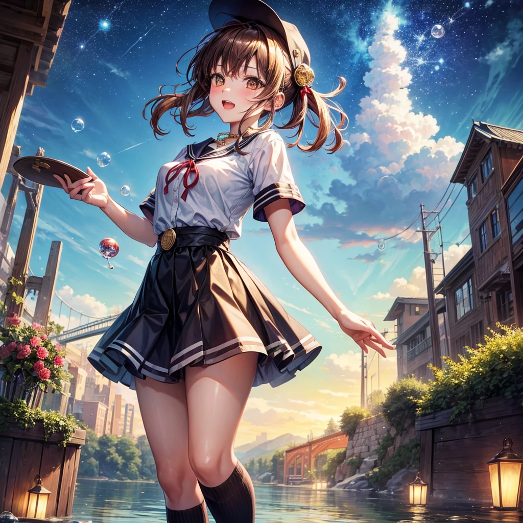 Red, brown, gold, gold hair、Golden Eyes、Hair tied up、One good looking girl、solo、anime、Checkered mini skirt、Ruffles on the skirt、Checked dress、blouse、school uniform、Black knee-high socks、Wearing a baseball cap、Ribbon、Ribbon on waist、Teeth are visible、Silver coin necklace、From above、Cobblestones、waterfall、Starry Sky、Midnight Moon、suspension bridge、Soap bubbles are flying、beam、ripple、Rocks floating in water、Crab walking、Standing still、Hands behind your back