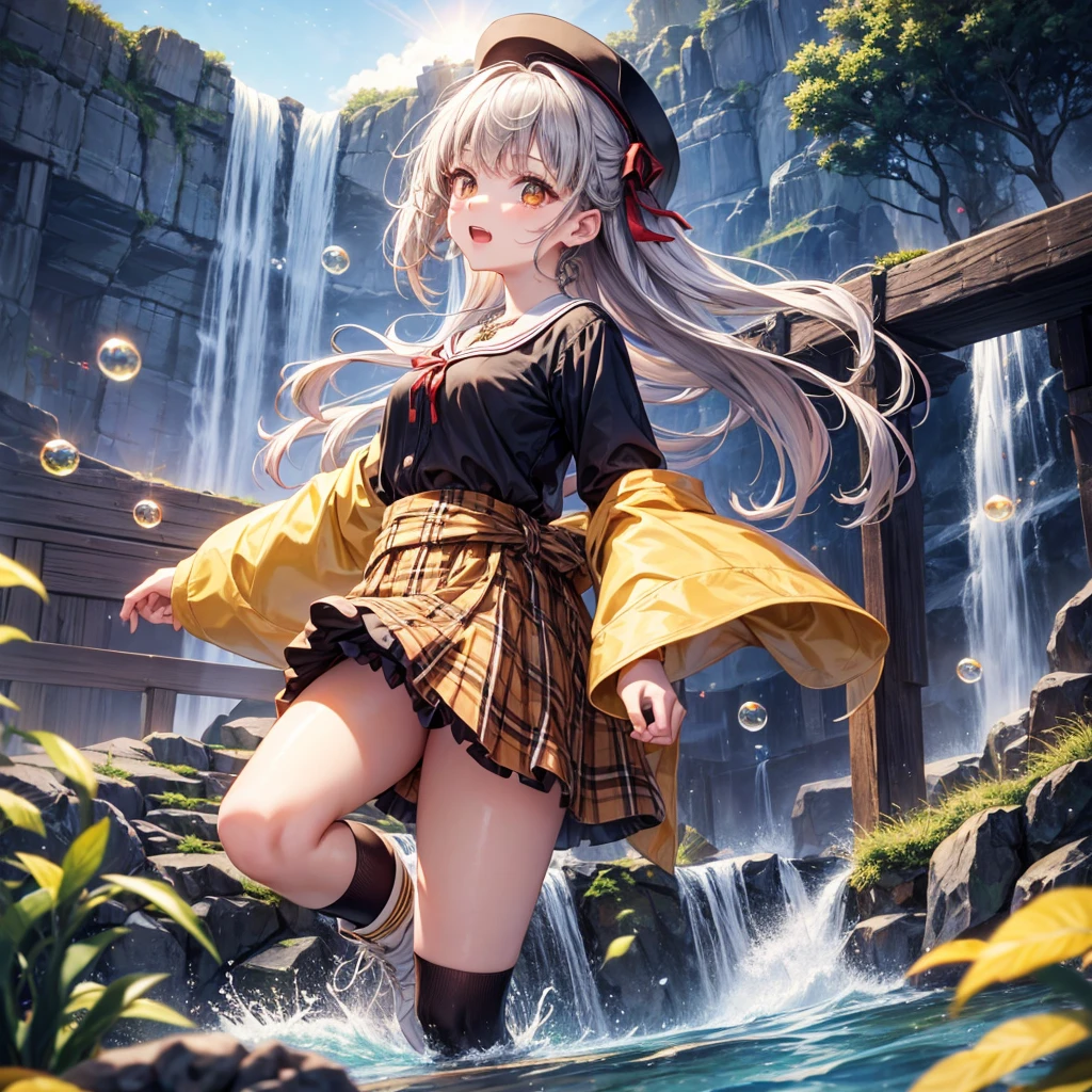 Red, brown, gold, gold hair、Golden Eyes、Hair tied up、One good looking girl、solo、anime、Checkered mini skirt、Ruffles on the skirt、Checked dress、blouse、school uniform、Black knee-high socks、Wearing a baseball cap、Ribbon、Ribbon on waist、Teeth are visible、Silver coin necklace、From above、Cobblestones、waterfall、Starry Sky、Midnight Moon、suspension bridge、Soap bubbles are flying、beam、ripple、Rocks floating in water、Crab walking、Standing still、Hands behind your back