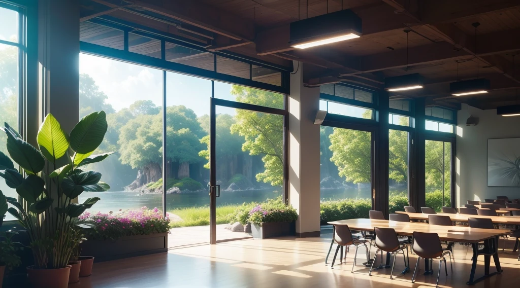 Bright open office,Designed to harmonize productivity and natural elements. There are several island tables in the great room, Each meeting room is equipped with stylish and high-resolution screens, Where teams collaborate seamlessly. In the productive hustle, A large number of bright flowers and green plants are carefully cultivated, Infuse the space with a fresh, natural touch. Delicate orchids and cascading vines add a touch of color to the workstation, A well-appointed aquarium houses elegant fish,Creates a peaceful and magical feeling. Large windows provide ample natural light, Casting a soft glow on a well-decorated table. Despite this, Strategically placed adjustable lighting ensures an ideal working environment, Optimal lighting for key tasks. This carefully selected combination of features, Natural Beauty, Cutting-edge technology creates inspiring、Vibrant atmosphere, Boosting productivity and well-being.