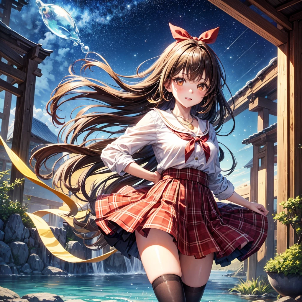 Red, brown, gold, gold hair、Golden Eyes、Hair tied up、One good looking girl、solo、anime、Checkered mini skirt、Ruffles on the skirt、Checked dress、blouse、school uniform、Black knee-high socks、Wearing a baseball cap、Ribbon、Ribbon on waist、Teeth are visible、Silver coin necklace、From above、Cobblestones、waterfall、Starry Sky、Midnight Moon、suspension bridge、Soap bubbles are flying、beam、ripple、Rocks floating in water、Crab walking、Standing still、Hands behind your back