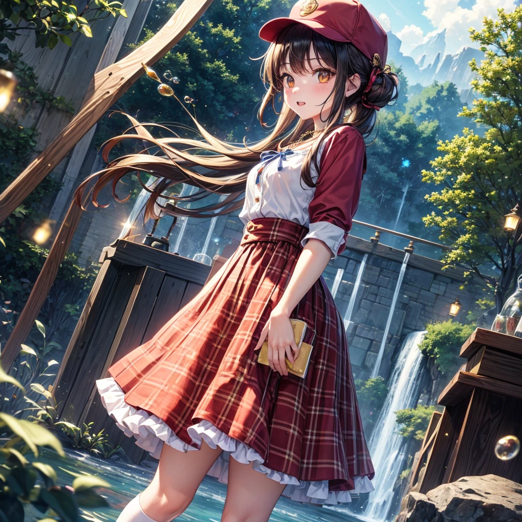 Red, brown, gold, gold hair、Golden Eyes、Hair tied up、One good looking girl、solo、anime、Checkered mini skirt、Ruffles on the skirt、Checked dress、blouse、school uniform、Black knee-high socks、Wearing a baseball cap、Ribbon、Ribbon on waist、Teeth are visible、Silver coin necklace、From above、Cobblestones、waterfall、Starry Sky、Midnight Moon、suspension bridge、Soap bubbles are flying、beam、ripple、Rocks floating in water、Crab walking、Standing still、Hands behind your back