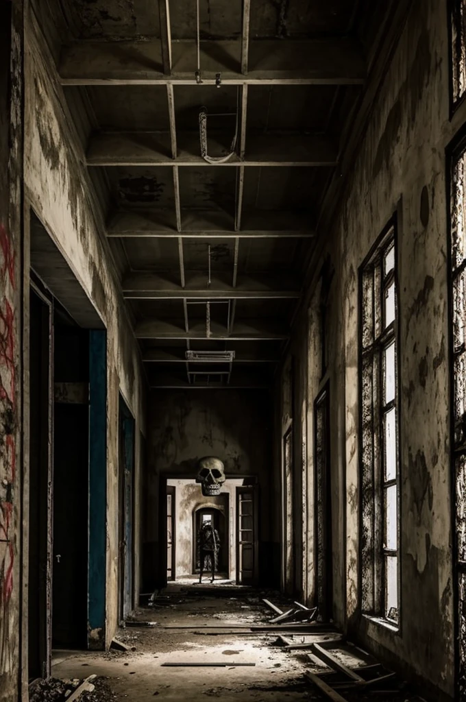 A creepy school, where everyone seeking for crime. Wall painted by zombie, skeleton head. Environment is too messy.
