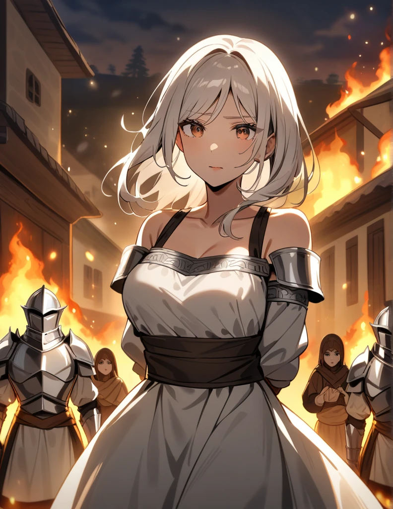 milf Greek woman with white hair, brown eyes, wearing peasant clothes, being captured and held by knights wearing shiny silver armor, in a burning village