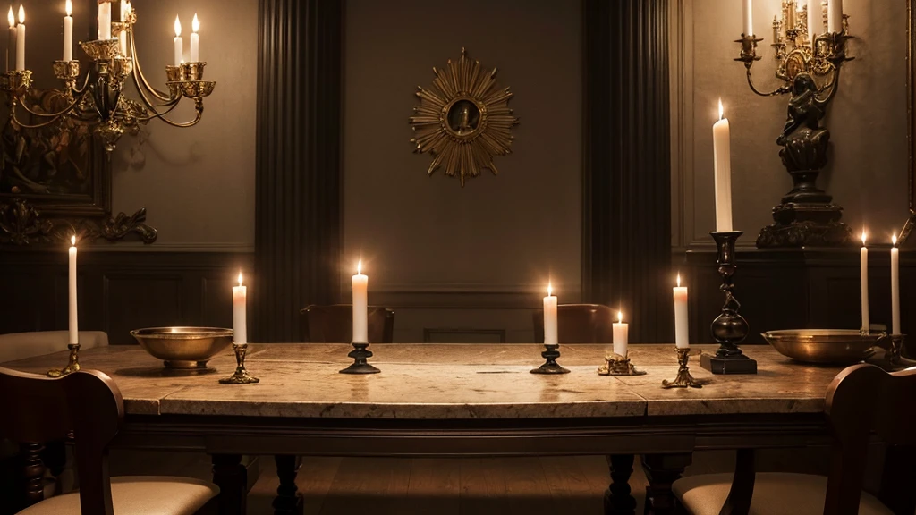 eighteenth century,Ancient dining table,alchemy,mystery,altar,candle,dark night atmosphere,,sorcery