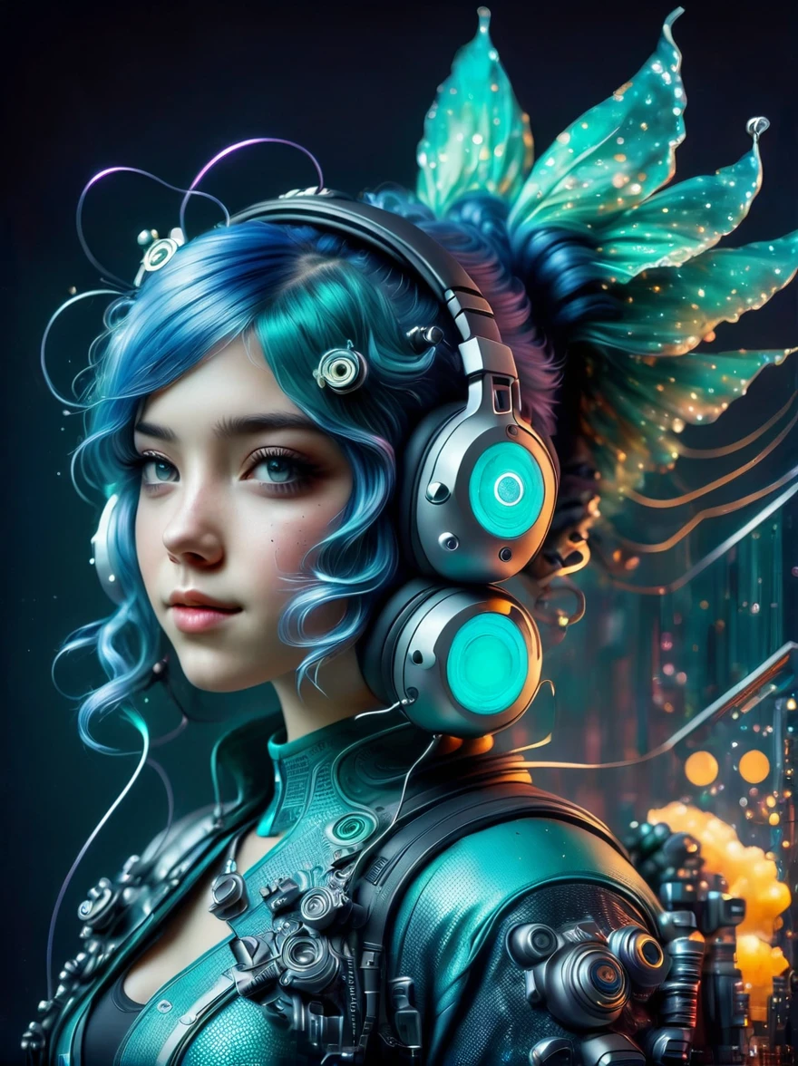 (A young woman with teal blue hair styled in twin pigtails:1.5), She is wearing a futuristic outfit comprised of an electronic-themed dress. Her headband consists of a square design emblem with ribbons dangling from it. The color palette includes shades of teal, black, and white, with an overall colorful and vibrant tone