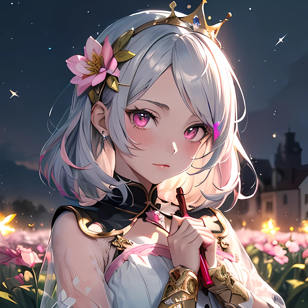 (((Best quality))), (((Ultra detailed))), 1 girl, ((((vivid)))),(((beautiful detailed hair, medium hair, silver pink hair, pink mesh))), (((pale pink eyes))), (((crown, small, pretty, gold))), ((wand, The tip of the wand is a heart, Heart is pink)), viewing from above:1, (blush), flower field, beautiful detailed flowers, colorful flowers, ((fireflies, sunshine, particles)), starrystarscloudcolorful