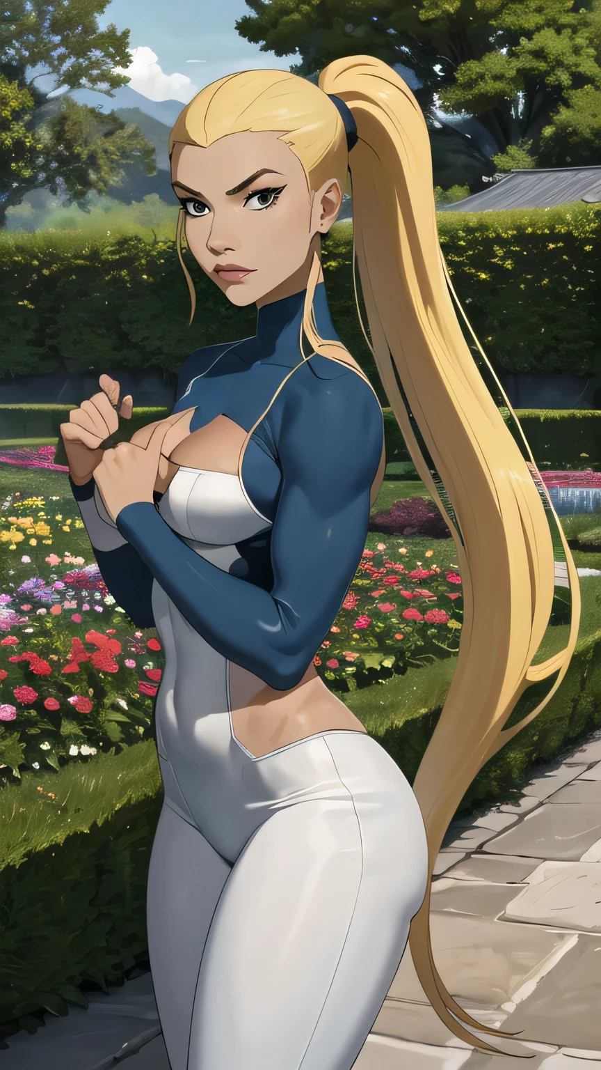 (cowboy shot), (masterpiece, best_quality, ultra-detailed, immaculate:1.3), epic, illustration,
BREAK
ArtemisYJ, ponytail,super long hair,
(Virgin killer sweater ), medium breast
BREAK
(courtyard, garden, outdoors, gorgeous view)