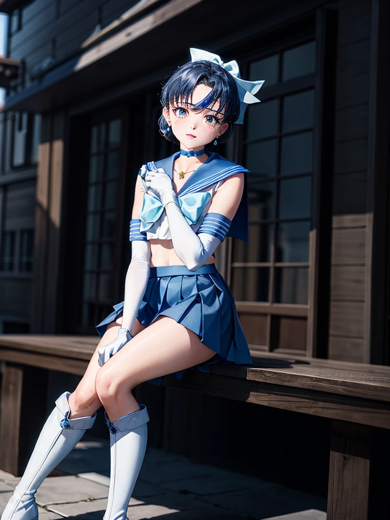 masterpiece, highest quality, High resolution, Realistic, Show more1, tiara, Sailor Warrior Uniform, Blue Skirt, Blue sailor collar, tiara, bow, Knee Boots, choker, White gloves, blue choker, elbow gloves, jewelry, Earrings, Pleated skirt, Cowboy Shot, The background is full of stars, Arms above head, Angle from below, ((Showing panties:1.3))