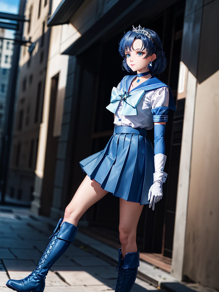 masterpiece, Highest quality, High resolution, Show more1, tiara, Sailor Warrior Uniforms, Blue Skirt, Blue sailor collar, tiara, bow, Knee Boots, choker, White gloves, blue choker, elbow gloves, jewelry, Earrings, Pleated skirt, Cowboy Shot, Outdoor