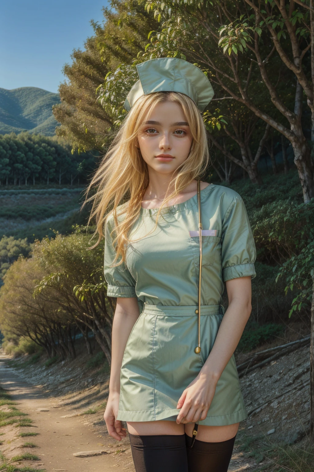 1 girl, best quality, ((Miyo)), tarankaaa, perfect face, beautiful smile, 30 years old, ((nurse attire, nurse cap, thighhighs, gold blonde hair)), ((perfectly drawn hands)), perfect body, bare tree, bush, forest, grass, nature, outdoors, plant, scenery, solo, standing, tree, 32k photograph, ((perfect eyes, detailed eyes,realistic eyes)), ((sharp face, detailed face, realistic face, natural skin, realistic skin, detailed skin, pores)), full body, tone mapping, asian-european, ((masterpiece)), ((highres)), ((detailed background)), japanese village background, midday, big proportions,