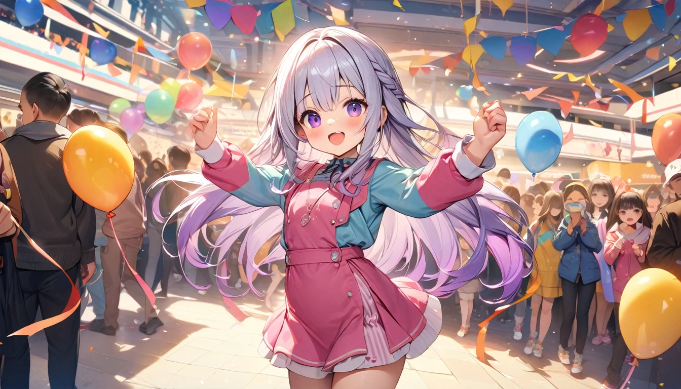 (Best quality, 8K, 32k, masterpiece, Ultra HD:1.3), (Children's Day illustration), Two kids in cute pink short skirts cheering with hands raised at luxury shopping mall,  yinji, Purple Hair, Purple Eyes, Long hair, White hair, Double braid, Gradient hair, Bright and warm, There are streamers and balloons everywhere., Crowd cheering. Characters make up only a small part of the picture.