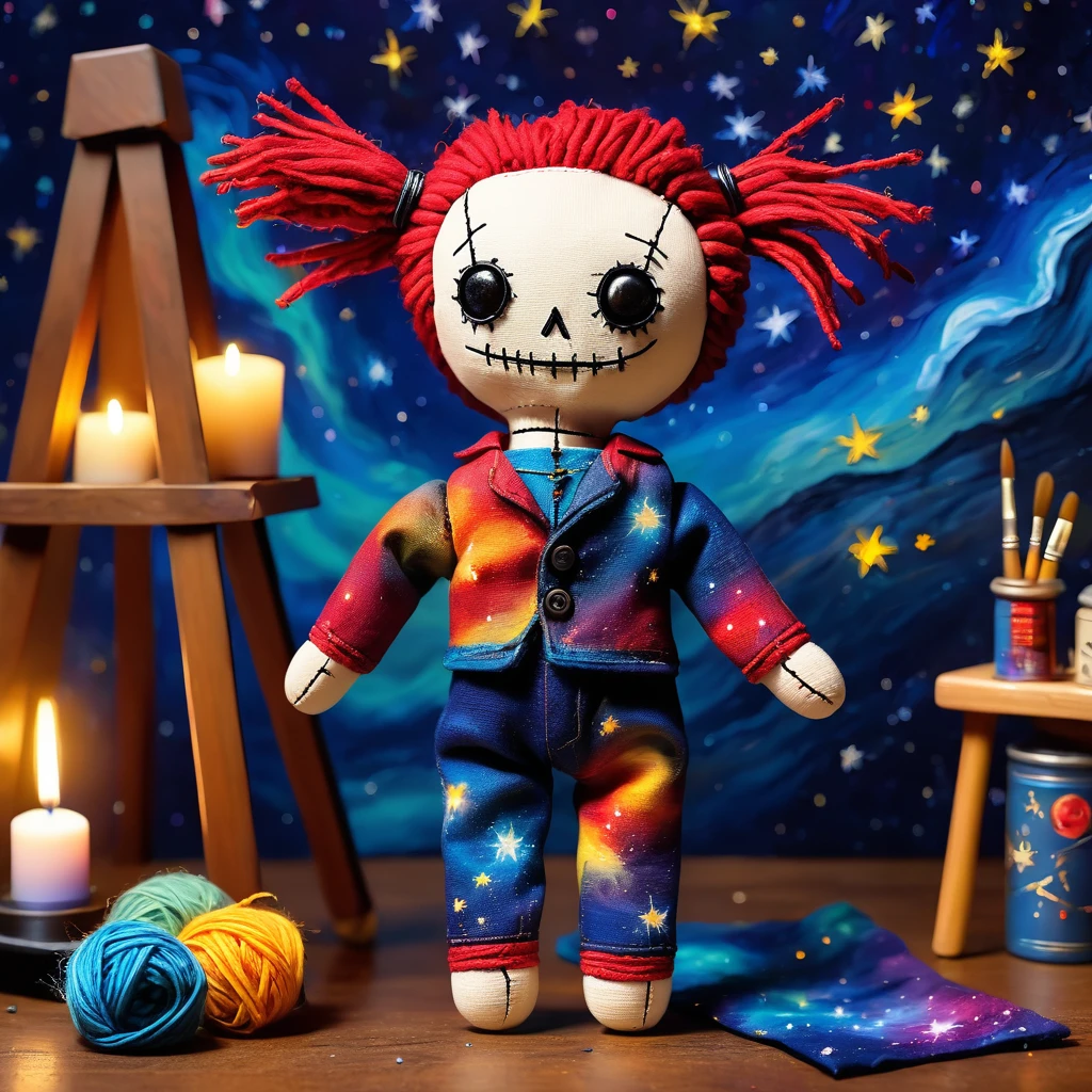 (knitted toy voodoo doll:1.8), (Voodoo Van Gogh:1.3), (Clothing: tattered artist's smock with paint splatters, worn trousers:1.0), (Accessories: miniature easel, tiny paintbrush, small palette with vibrant colors:1.2), (background: starry night sky with swirling patterns and glowing stars, ethereal light illuminating the scene:1.2), best quality, masterpiece, detailed soft oil painting, detailed background, dramatic cinematic lighting, soft edge lighting, professional, dramatic lighting, hard edge lighting, ultra quality, 4k,masterpiece, best quality, 8k, ultra highres, highres, extremely detailed