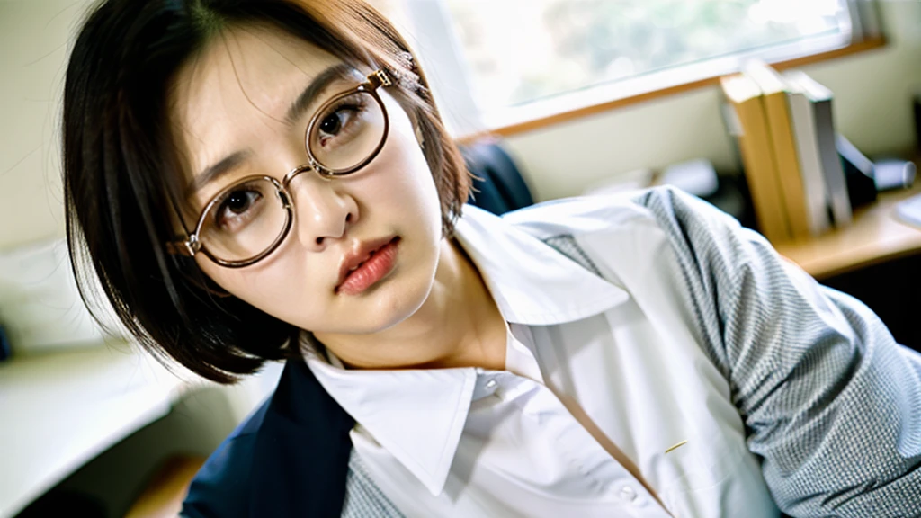 Beauty,Plump figure,Charming temperament,wear glasses,short hair,Office white-collar workers,Professional clothing,"Deep V Neckline",close up,Professional photography,Background out of focus