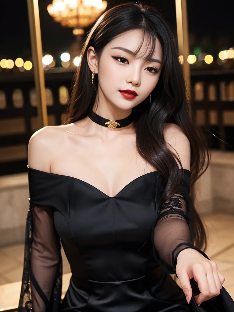tra-detailed、Japanese、attractive beauty、seductive adult woman、pretty woman、piercing eyes、cool girl、wavy hair、swept bangs、Long Black and Gold Cheongsam、wide sleeves、Evil cadres、evil depravity、brainwash、mind control、lipstick、lip gloss、dark makeup、smirk、whisper in your ear、Evil expression、evil、hollow eyes,half-closed eyes、empty eyes、evil、church at night、vampire、succubus、vampire、Swear allegiance、sexy pose、Off-shoulder,Crop topping,Showing thighs