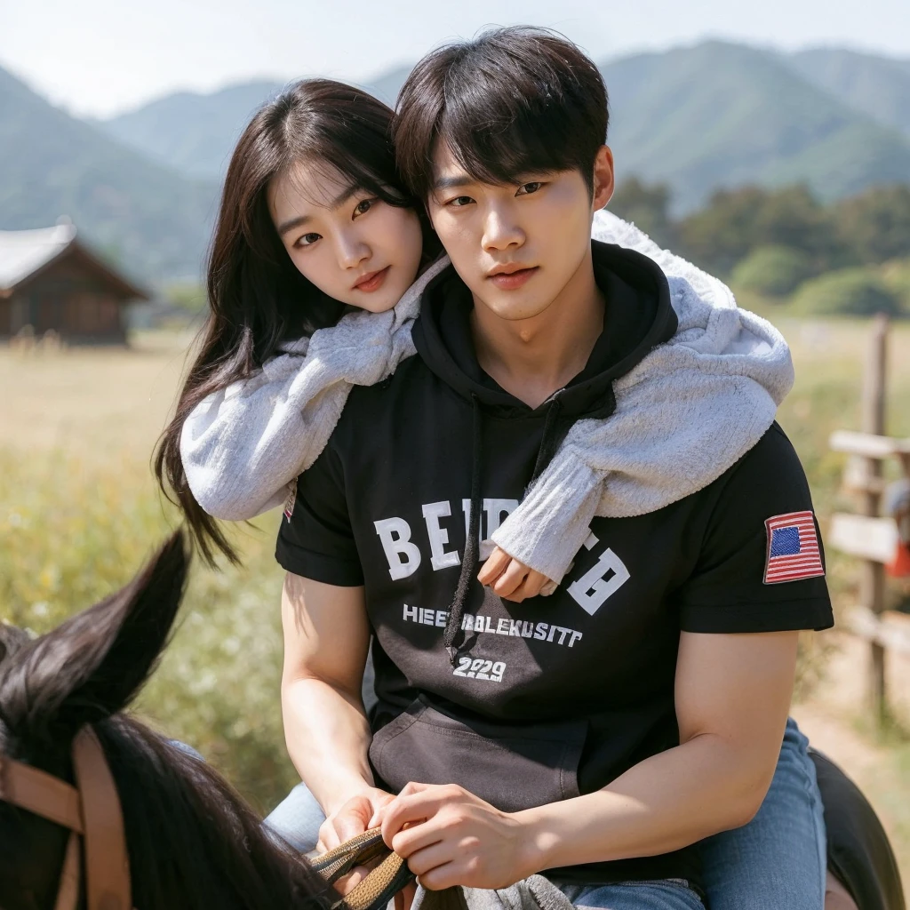 a handsome Korean man wearing a white hoodie, branded short-sleeved t-shirt,, was riding on a woman's back(his girlfriend) the beautiful one with black hair, playing horse, women wear sweaters, was hugging the man, The background is in a small green grassy garden, cool sunny atmosphere